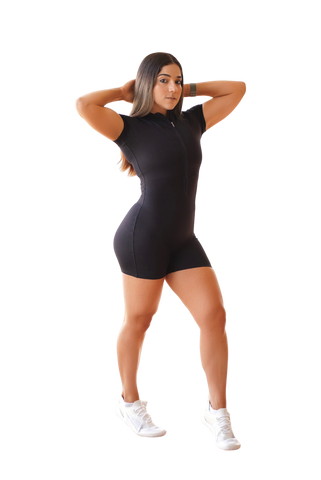 PRE-SALE BLACK SHORT SLEEVE ZIPPER JUMPSUIT